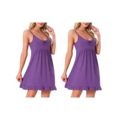 2Pcs Women's Nightdress Spaghetti Strap Scoop Neck Sleepdress Frill Sleepwear Loungewear -Fashion Clothing Store 7755443 Purple