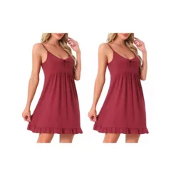 2Pcs Women's Nightdress Spaghetti Strap Scoop Neck Sleepdress Frill Sleepwear Loungewear -Fashion Clothing Store 7755443 Red