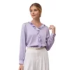 Women's Elegant Satin Top Ruffle V Neck Long Sleeve Office Work Dressy Shirt Top