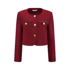 Women's Tweed Short Jacket Crewneck Button Down Long Sleeve Work Office Cropped Blazer