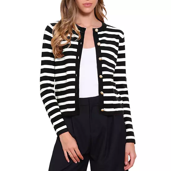 Striped Cardigan Sweater For Women's Crew Neck Color Block Button Down Crop Shirts 1 Striped Cardigan Sweater For Women's Crew Neck Color Block Button Down Crop Shirts