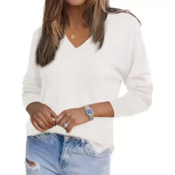 V Neck Sweater For Women's Casual Long Sleeve Lightweight Pullover Soft Knitted Tops