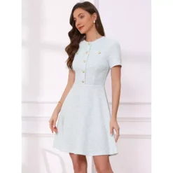 Plaid Tweed Dress For Women's Round Neck Short Sleeve A-Line Vintage Mini Dresses -Fashion Clothing Store 7789063 ALT2