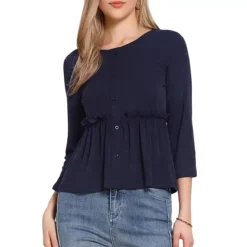 Peplum Top For Women's Crew Neck 3/4 Sleeve Ruffle Pullover Blouses -Fashion Clothing Store 7789833 Dark Blue 1