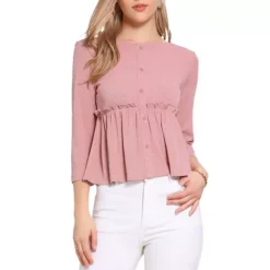 Peplum Top For Women's Crew Neck 3/4 Sleeve Ruffle Pullover Blouses -Fashion Clothing Store 7789833 Pink
