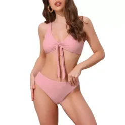 Women's Lace Up Decoration Push Up Bikini Sets, 2 Piece Wide Strap Top Triangle Bottom Swimwear -Fashion Clothing Store 7789839 Pink