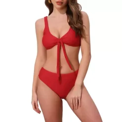 Women's Lace Up Decoration Push Up Bikini Sets, 2 Piece Wide Strap Top Triangle Bottom Swimwear -Fashion Clothing Store 7789839 Red