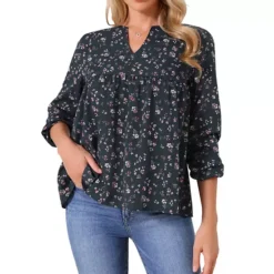 Women's Floral Blouses V Neck Long Sleeve Babydoll Flowy Spring Summer Top