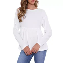 Peplum Top For Women's Ruffle Hem Shirt Crew Neck Long Sleeve Blouse Top -Fashion Clothing Store 7789852 White