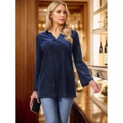 Women's Glitter Velvet Top V Neck Long Sleeve Metallic Tunic Blouse Loose Party Sparkle Shirt -Fashion Clothing Store 7789867 ALT2