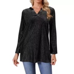 Women's Glitter Velvet Top V Neck Long Sleeve Metallic Tunic Blouse Loose Party Sparkle Shirt