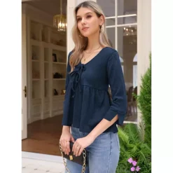 Casual Peplum Top For Women's 3/4 Sleeve Tie V Neck Ruffle Hem Summer Blouse -Fashion Clothing Store 7789874 ALT2