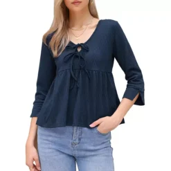 Casual Peplum Top For Women's 3/4 Sleeve Tie V Neck Ruffle Hem Summer Blouse -Fashion Clothing Store 7789874 Dark Blue 1