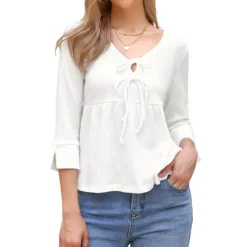 Casual Peplum Top For Women's 3/4 Sleeve Tie V Neck Ruffle Hem Summer Blouse -Fashion Clothing Store 7789874 White