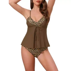 Women's Leopard Colorblock Full Coverage Bikini Sets, 2 Piece Ruffled Long Top Swimwear Bathing Suit -Fashion Clothing Store 7789882 Brown
