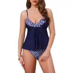 Women's Leopard Colorblock Full Coverage Bikini Sets, 2 Piece Ruffled Long Top Swimwear Bathing Suit -Fashion Clothing Store 7789882 Dark Purple