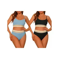 2 Sets Women's High Waisted Ribbed Bikini Sets, Adjustable Spaghetti Straps Swimsuit Swimwear