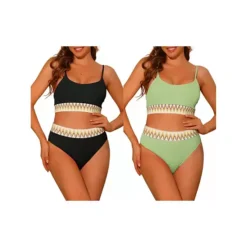2 Sets Women's High Waisted Ribbed Bikini Sets, Adjustable Spaghetti Straps Swimsuit Swimwear -Fashion Clothing Store 7789890 Black Light Green