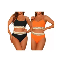 2 Sets Women's High Waisted Ribbed Bikini Sets, Adjustable Spaghetti Straps Swimsuit Swimwear -Fashion Clothing Store 7789890 Black Orange