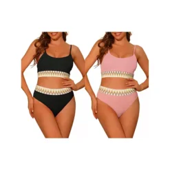 2 Sets Women's High Waisted Ribbed Bikini Sets, Adjustable Spaghetti Straps Swimsuit Swimwear -Fashion Clothing Store 7789890 Black Pink