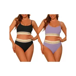 2 Sets Women's High Waisted Ribbed Bikini Sets, Adjustable Spaghetti Straps Swimsuit Swimwear -Fashion Clothing Store 7789890 Black Purple