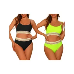 2 Sets Women's High Waisted Ribbed Bikini Sets, Adjustable Spaghetti Straps Swimsuit Swimwear -Fashion Clothing Store 7789890 Blackfluorescentyellow