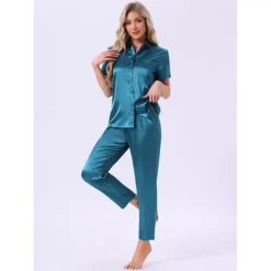 Women's Satin Pajamas Silky Button Down Short Sleeve Lapel Shirt And Pants 2 Pcs Loungewear PJs Sets -Fashion Clothing Store 7791088 ALT2