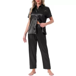 Women's Satin Pajamas Silky Button Down Short Sleeve Lapel Shirt And Pants 2 Pcs Loungewear PJs Sets -Fashion Clothing Store 7791088 Black 1