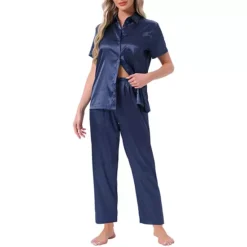 Women's Satin Pajamas Silky Button Down Short Sleeve Lapel Shirt And Pants 2 Pcs Loungewear PJs Sets -Fashion Clothing Store 7791088 Navy