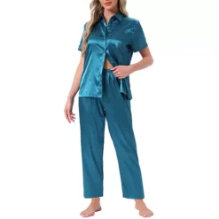 Women's Satin Pajamas Silky Button Down Short Sleeve Lapel Shirt And Pants 2 Pcs Loungewear PJs Sets -Fashion Clothing Store 7791088 Peacock Blue