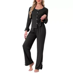 Women's Pajamas Long Sleeve Side Bow Button Down Ruffle Hem Top And Wide Leg Pants Sleepwear Set 11 Women's Pajamas Long Sleeve Side Bow Button Down Ruffle Hem Top And Wide Leg Pants Sleepwear Set -Fashion Clothing Store 7791162 Black 1