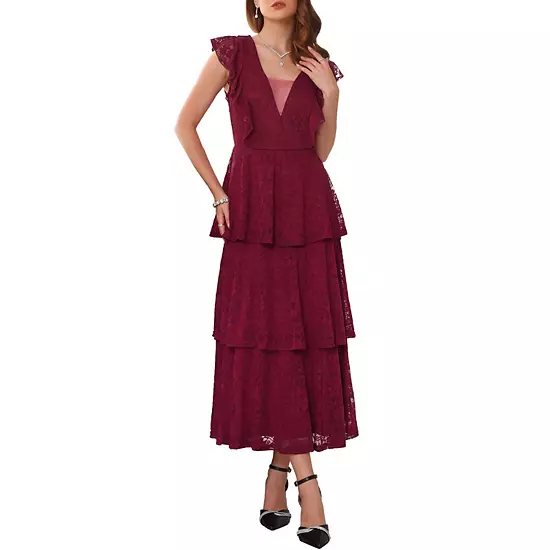 Women's Lace Dress For Wedding Guest Cocktail Evening Ruffle Cap Sleeves Tiered A-Line Maxi Dresses 1 Women's Lace Dress For Wedding Guest Cocktail Evening Ruffle Cap Sleeves Tiered A-Line Maxi Dresses