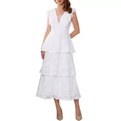 Women's Lace Dress For Wedding Guest Cocktail Evening Ruffle Cap Sleeves Tiered A-Line Maxi Dresses 12 Women's Lace Dress For Wedding Guest Cocktail Evening Ruffle Cap Sleeves Tiered A-Line Maxi Dresses -Fashion Clothing Store 7791189 White