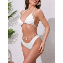 Women's Waffle Knit Halter Bikini Sets, 2Pcs Triangle Bottom With Seashell Waist Rope Swimwear Suits -Fashion Clothing Store 7791982 ALT2