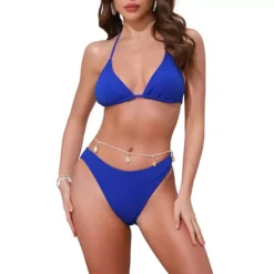 Women's Waffle Knit Halter Bikini Sets, 2Pcs Triangle Bottom With Seashell Waist Rope Swimwear Suits -Fashion Clothing Store 7791982 Royal Blue 1