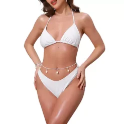 Women's Waffle Knit Halter Bikini Sets, 2Pcs Triangle Bottom With Seashell Waist Rope Swimwear Suits -Fashion Clothing Store 7791982 White