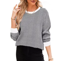 Striped Sweater For Women's Crew Neck Contrast Long Bishop Sleeve Oversized Pullover Tops