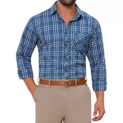 Men's Long Sleeve Checked Dress Shirt Point Collar Button Plaid Shirt 21 Men's Long Sleeve Checked Dress Shirt Point Collar Button Plaid Shirt -Fashion Clothing Store 7793813 Dark Blue