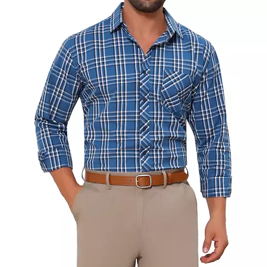 Men's Long Sleeve Checked Dress Shirt Point Collar Button Plaid Shirt 11 Men's Long Sleeve Checked Dress Shirt Point Collar Button Plaid Shirt - Image 11
