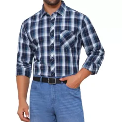 Men's Long Sleeve Checked Dress Shirt Point Collar Button Plaid Shirt 20 Men's Long Sleeve Checked Dress Shirt Point Collar Button Plaid Shirt -Fashion Clothing Store 7793813 Navy Black