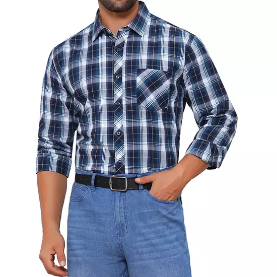 Men's Long Sleeve Checked Dress Shirt Point Collar Button Plaid Shirt 10 Men's Long Sleeve Checked Dress Shirt Point Collar Button Plaid Shirt - Image 10