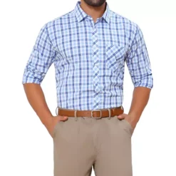 Men's Long Sleeve Checked Dress Shirt Point Collar Button Plaid Shirt 16 Men's Long Sleeve Checked Dress Shirt Point Collar Button Plaid Shirt -Fashion Clothing Store 7793813 White Blue