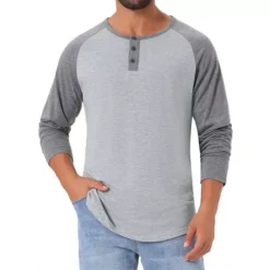 Men's Raglan Long Sleeve Tee Shirt Casual Baseball Henley T-Shirts -Fashion Clothing Store 7793815 Gray