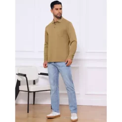 Men's Contrast Button Collared Pocket Long Sleeves Golf Polo T-Shirts -Fashion Clothing Store 7793816 ALT2