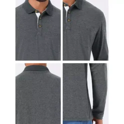 Men's Contrast Button Collared Pocket Long Sleeves Golf Polo T-Shirts -Fashion Clothing Store 7793816 ALT3