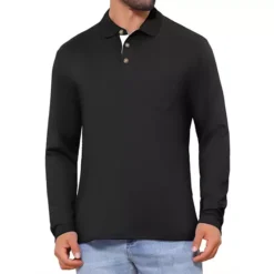 Men's Contrast Button Collared Pocket Long Sleeves Golf Polo T-Shirts