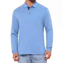 Men's Contrast Button Collared Pocket Long Sleeves Golf Polo T-Shirts -Fashion Clothing Store 7793816 Light Blue