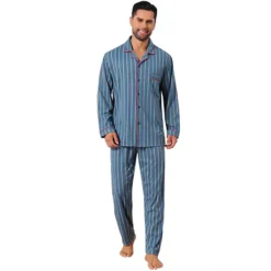 Men's 2 Pieces Long Sleeve Button Down Pocket Pattern Pajamas Set -Fashion Clothing Store 7793817 Blue Khaki