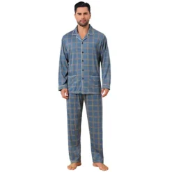 Men's 2 Pieces Long Sleeve Button Down Pocket Pattern Pajamas Set -Fashion Clothing Store 7793817 Blue Yellow
