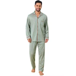 Men's 2 Pieces Long Sleeve Button Down Pocket Pattern Pajamas Set -Fashion Clothing Store 7793817 Light Green